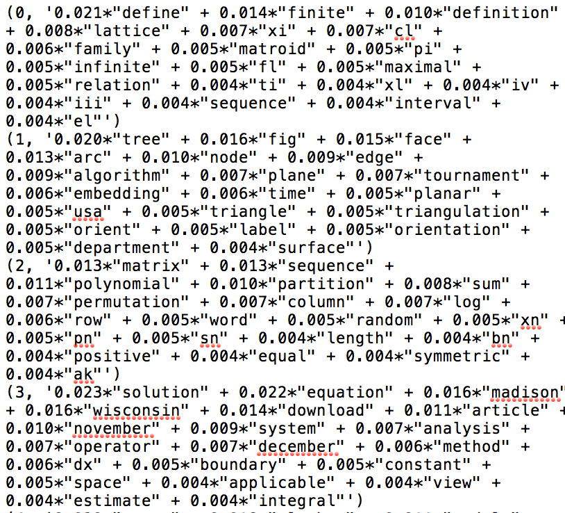 Screnshot of topics output from modeling script