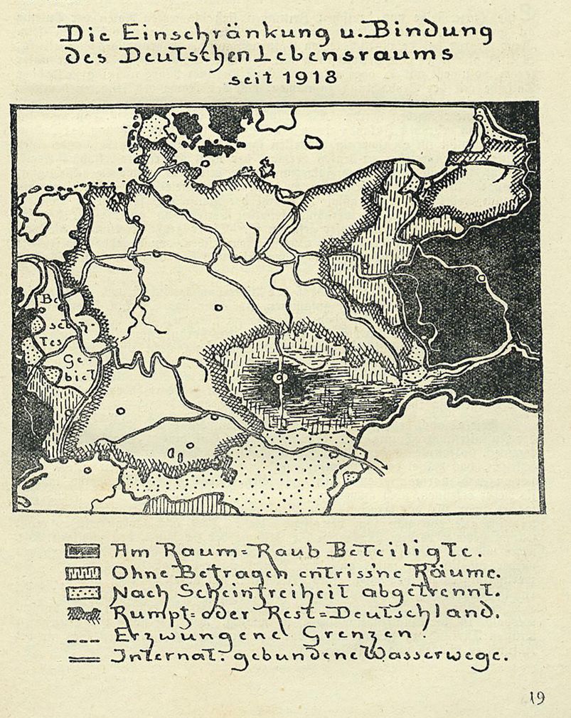 A German-language map illustrating post-1918 territorial losses and restrictions on Germany. The map features symbolic shading and nationalist annotations.