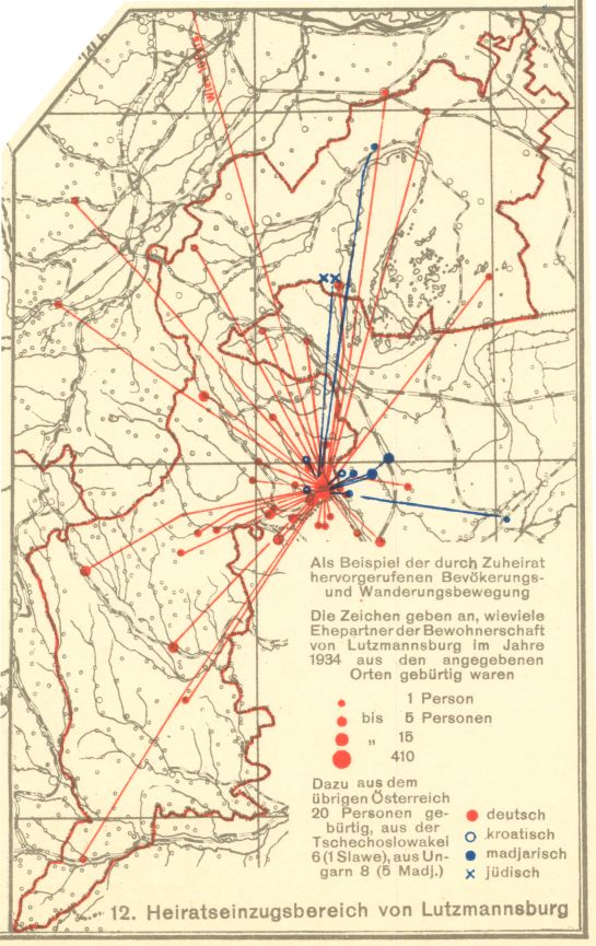 A German-language flow map that illustrates the origins of spouses who married in Lutzmannsburg, Austria, in 1934. Colours and symbols differentiate between different origins, and the sizes of these vary based on the number of people.