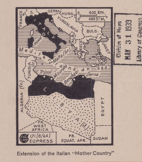 A political map showing Italy and its colonial holdings in North Africa. Northern Libya is highlighted in black, while surrounding colonial powers are marked in dotted regions.