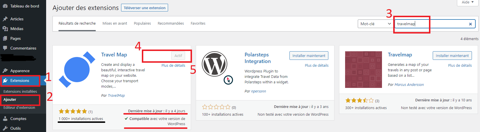 Installation du plugin TravelMap, pour créer un itinéraire de vacances
