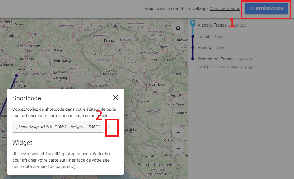 Intégration du shortcode du plugin TravelMap