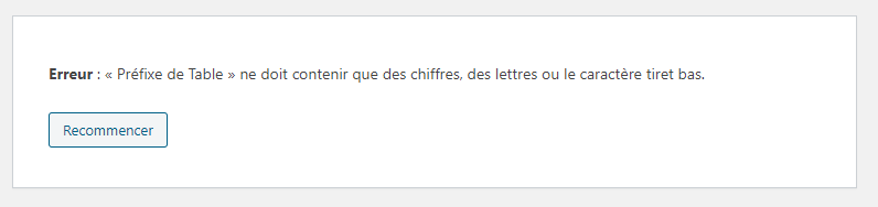 Message d'erreur : utilisation de caractères spéciaux dans le préfixe