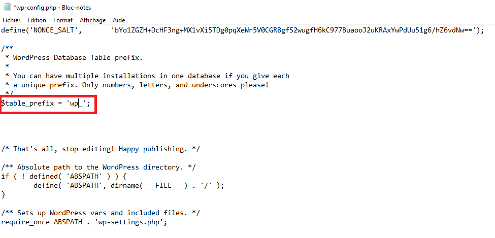 wp-config.php ligne de code préfixe avec wp_