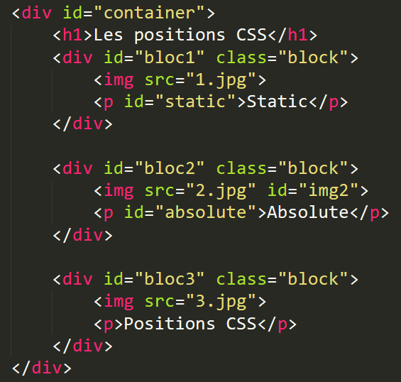Position CSS : Exemple d'un code HTML avec un élément en position absolute