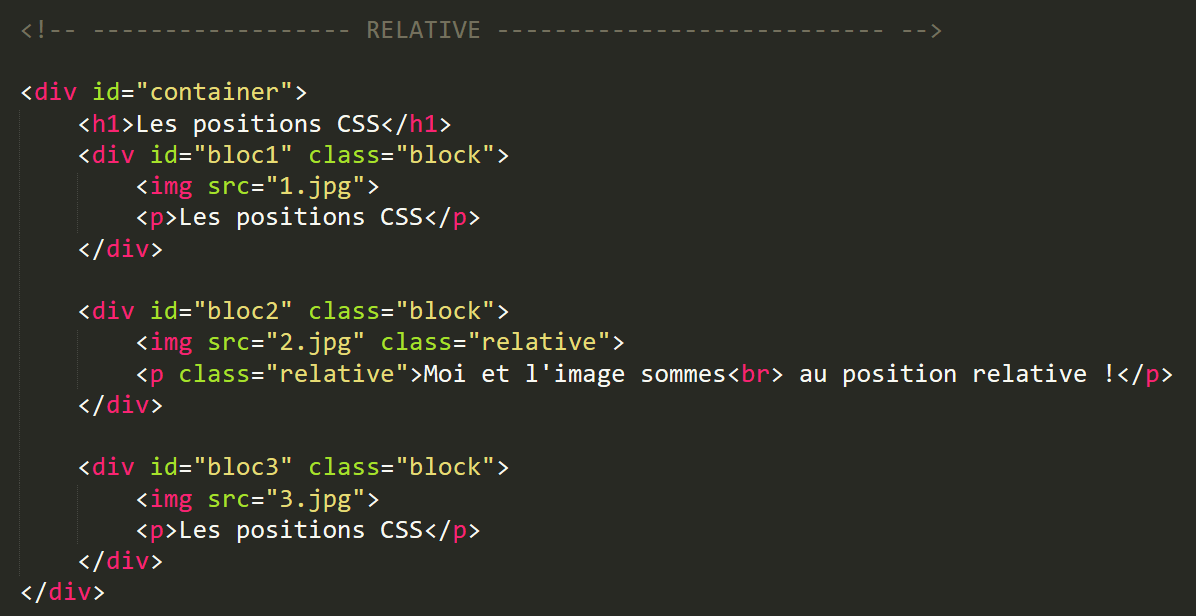Exemple d'un code HTML avec un élément en position relative