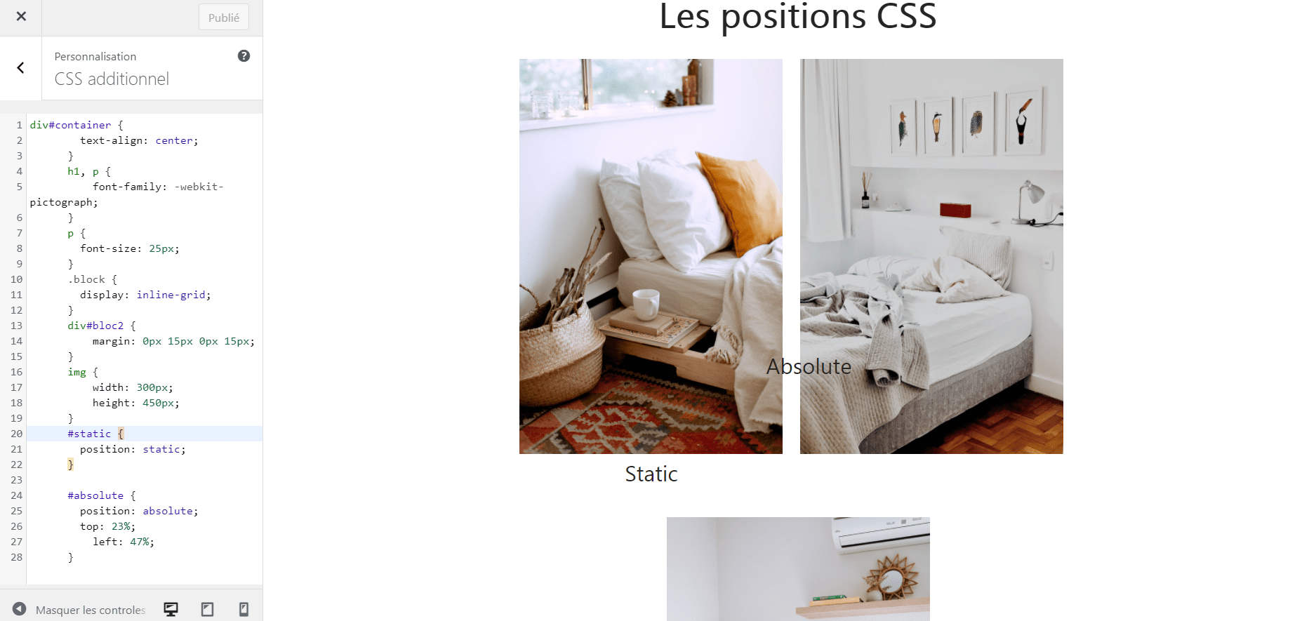 Dans apparence et Personnaliser de WordPress, un container de trois colonnes mal positionné