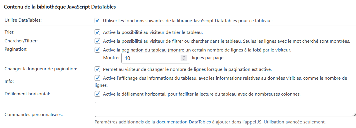 Réglage préprogrammés (JavaScript) de TablePress