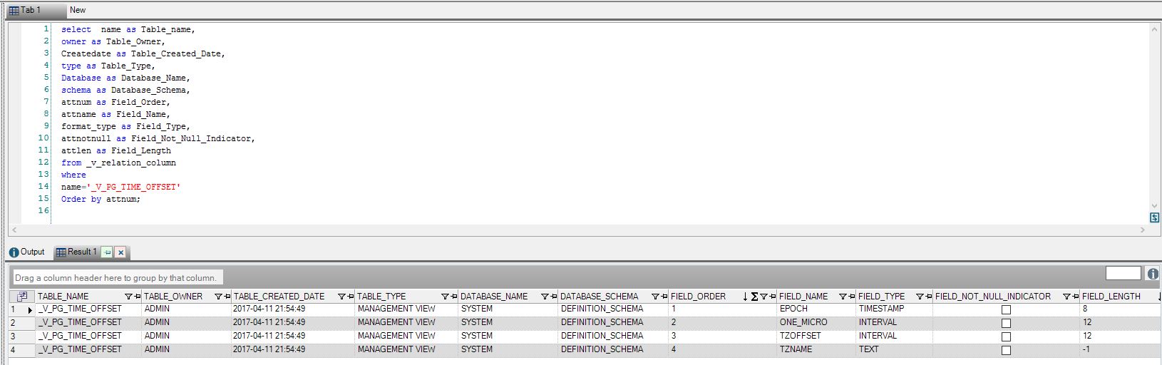 Netezza / PureData Table Describe SQL