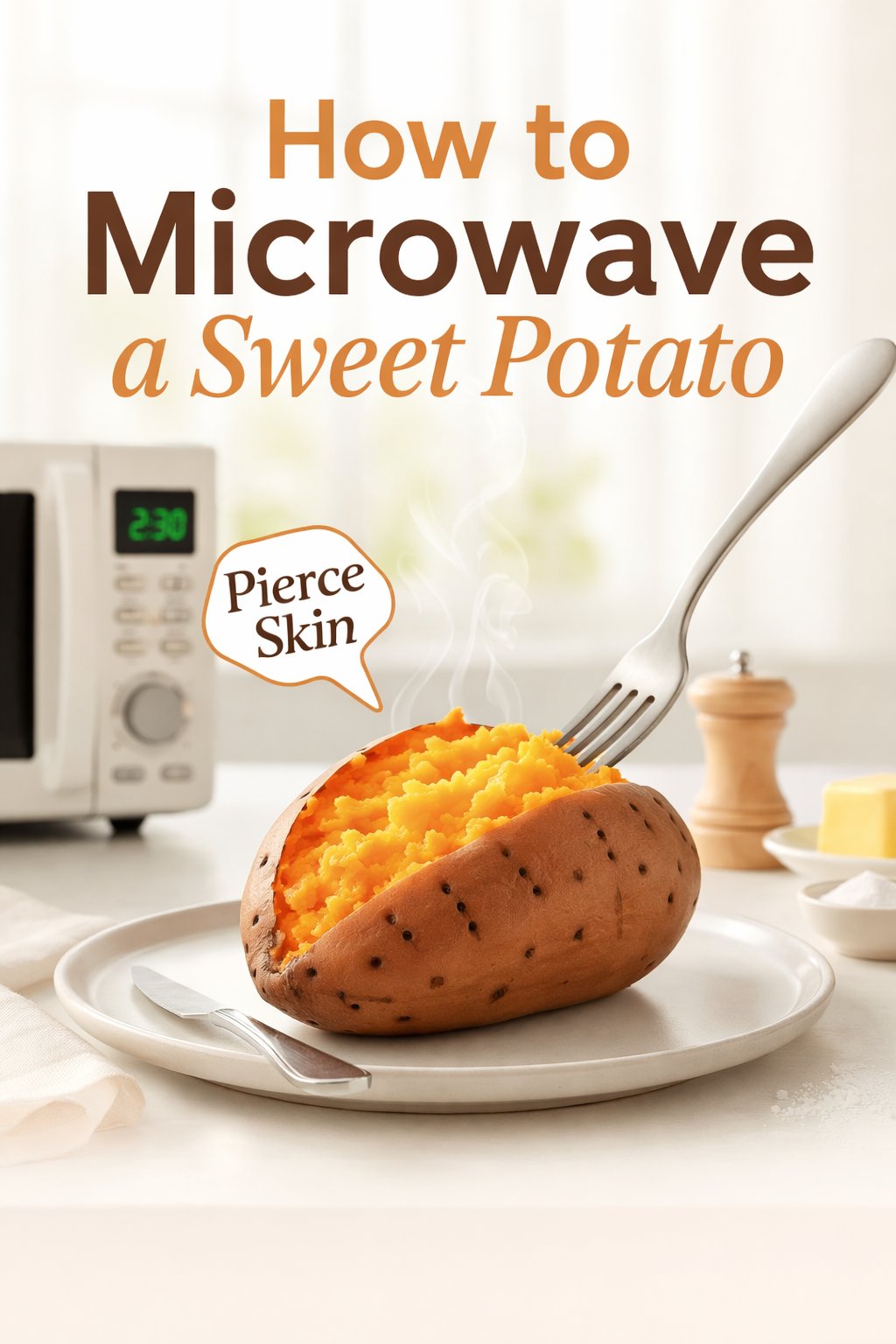 Bright Pinterest title image showing a fluffy microwaved sweet potato on a plate in a light kitchen with bold text about how to cook a sweet potato in the microwave.