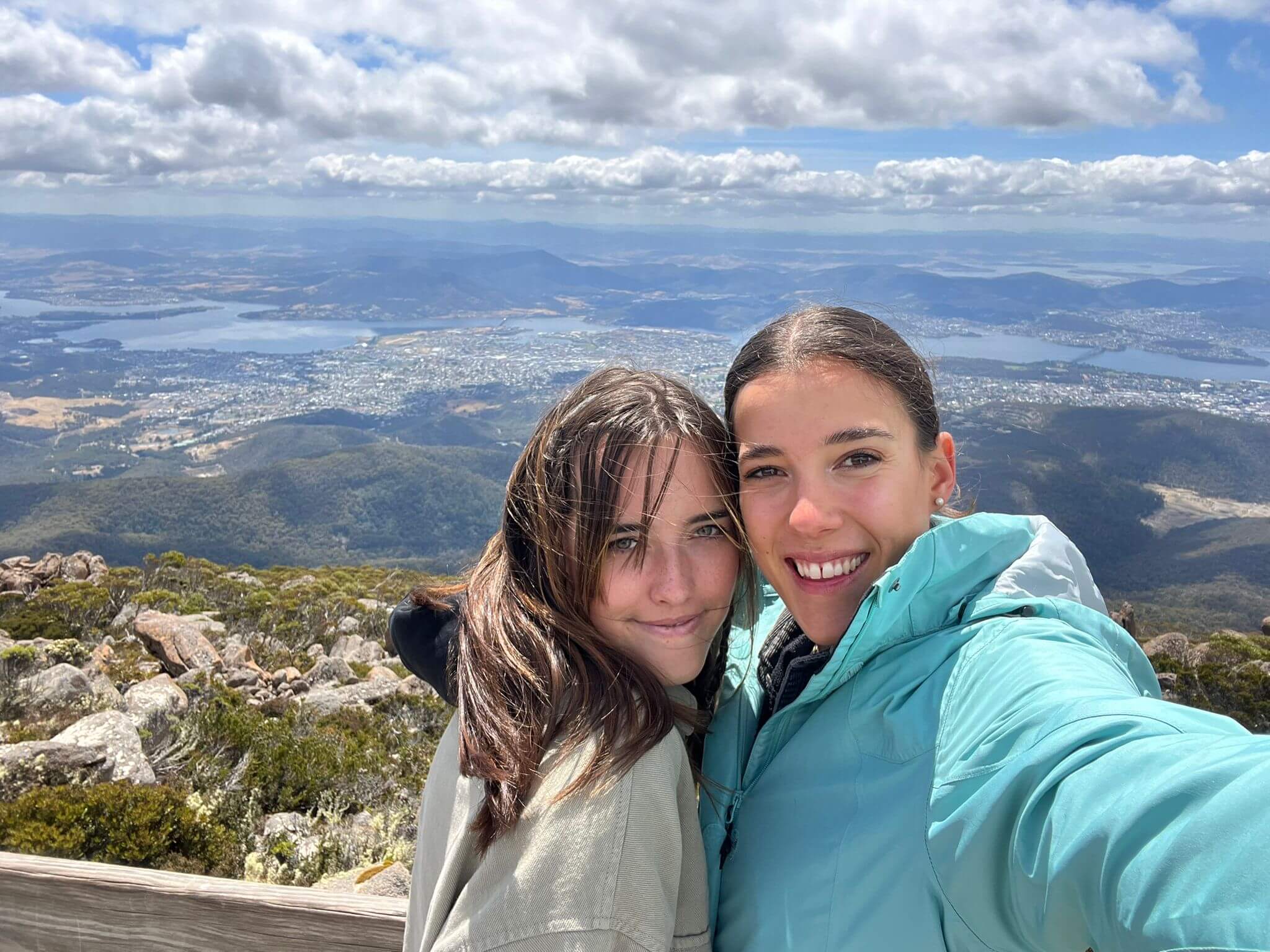 View from Mount Wellington overlooking Hobart and surrounding landscapes in Tasmania.