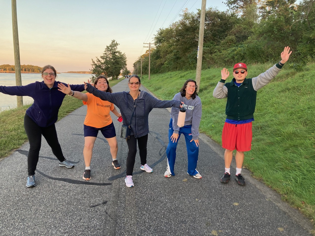 group walk at sunset