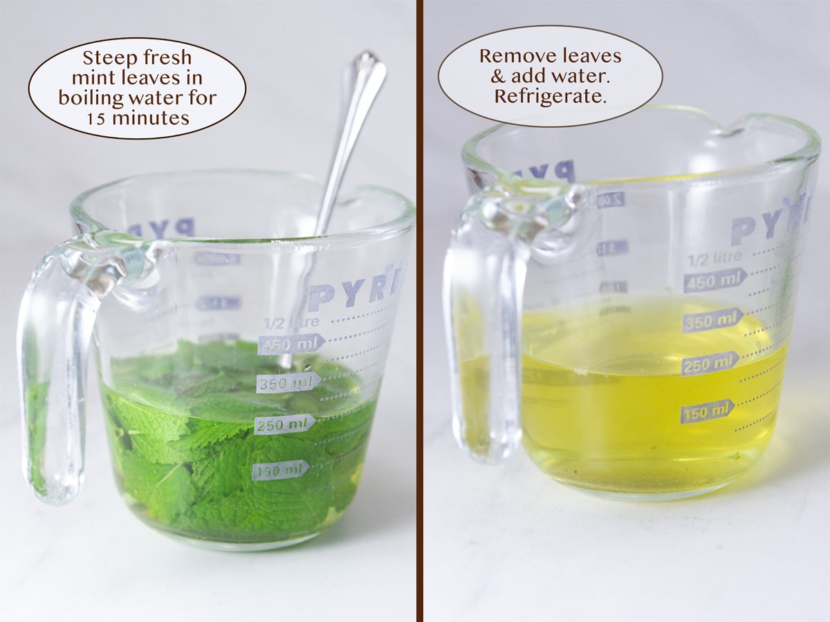 making mint water or mint tea: on left the leaves steeping in boiling water and on right the leaves have been removed.