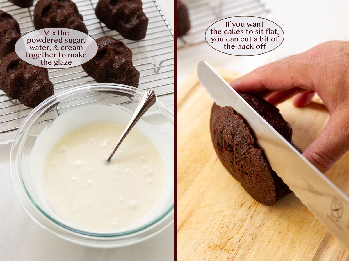 a bowl of icing on left and cutting the back of the cake off on right.