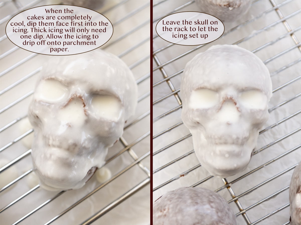 glazed skull cake - freshly dipped on left and glaze has set on right.
