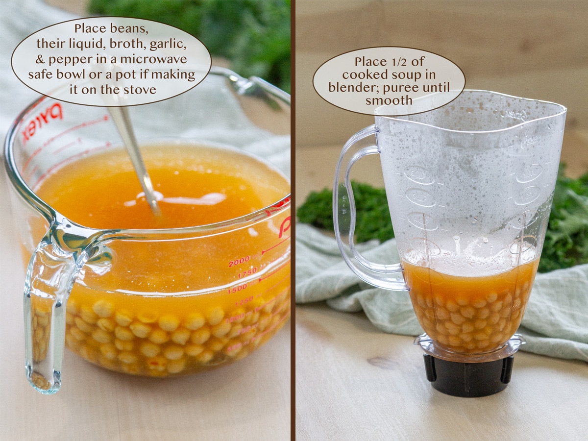 chickpeas in broth in a large glass measuring cup on left, and cooked added cooked in a blender on right.