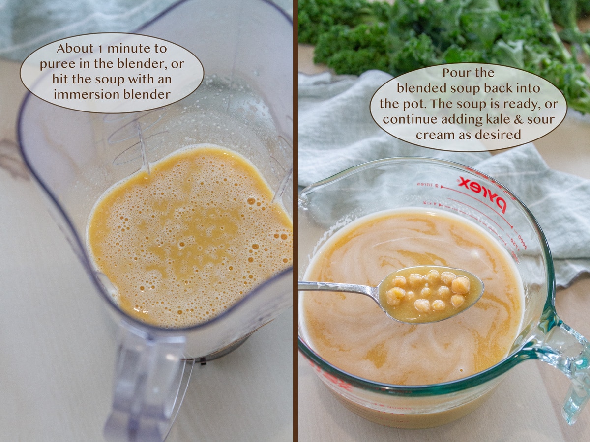 blended soup in blender bowl on left and added back to measuring glass on right with a spoon holding up the chickpeas in broth.