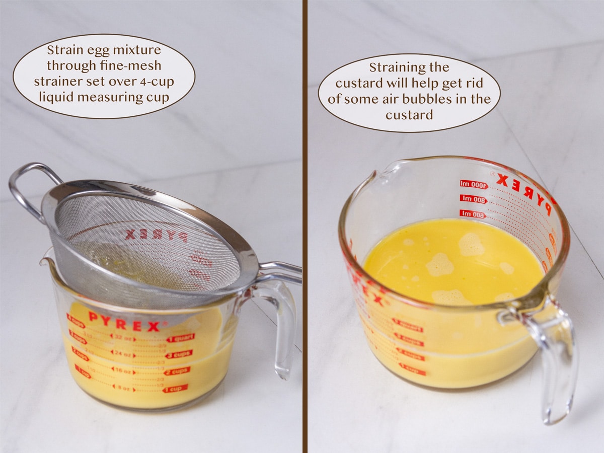 egg mixture in a glass measuring cup with a strainer on top on left and the custard mixture in the cup on right.