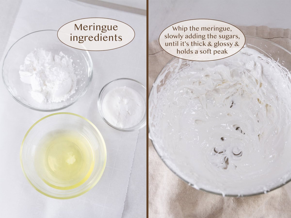 meringue ingredients on left and whipped in a bowl on right.