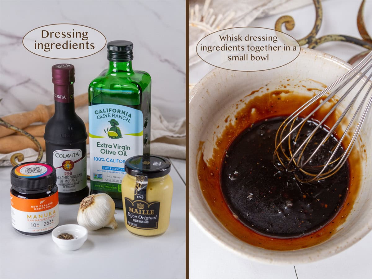dressing ingredients on left and the homemade dressing in a bowl on left.