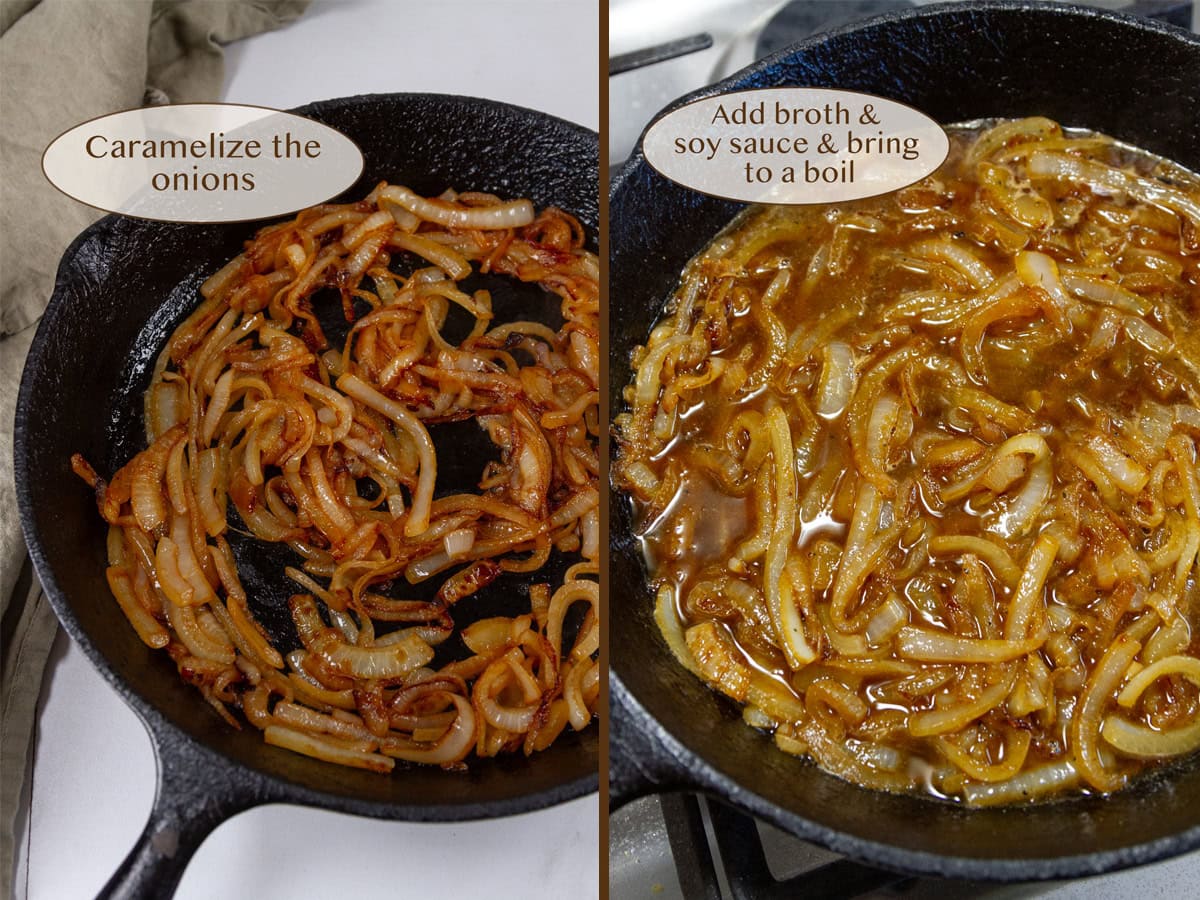 caramelizing onions on left and added broth on right.