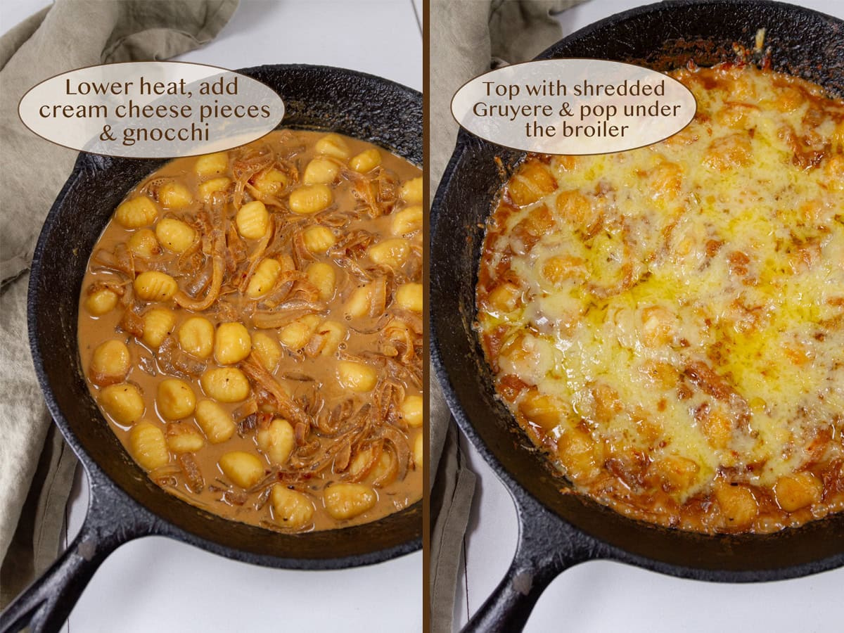 added gnocchi and cream cheese on left and melted cheese on top on the right.