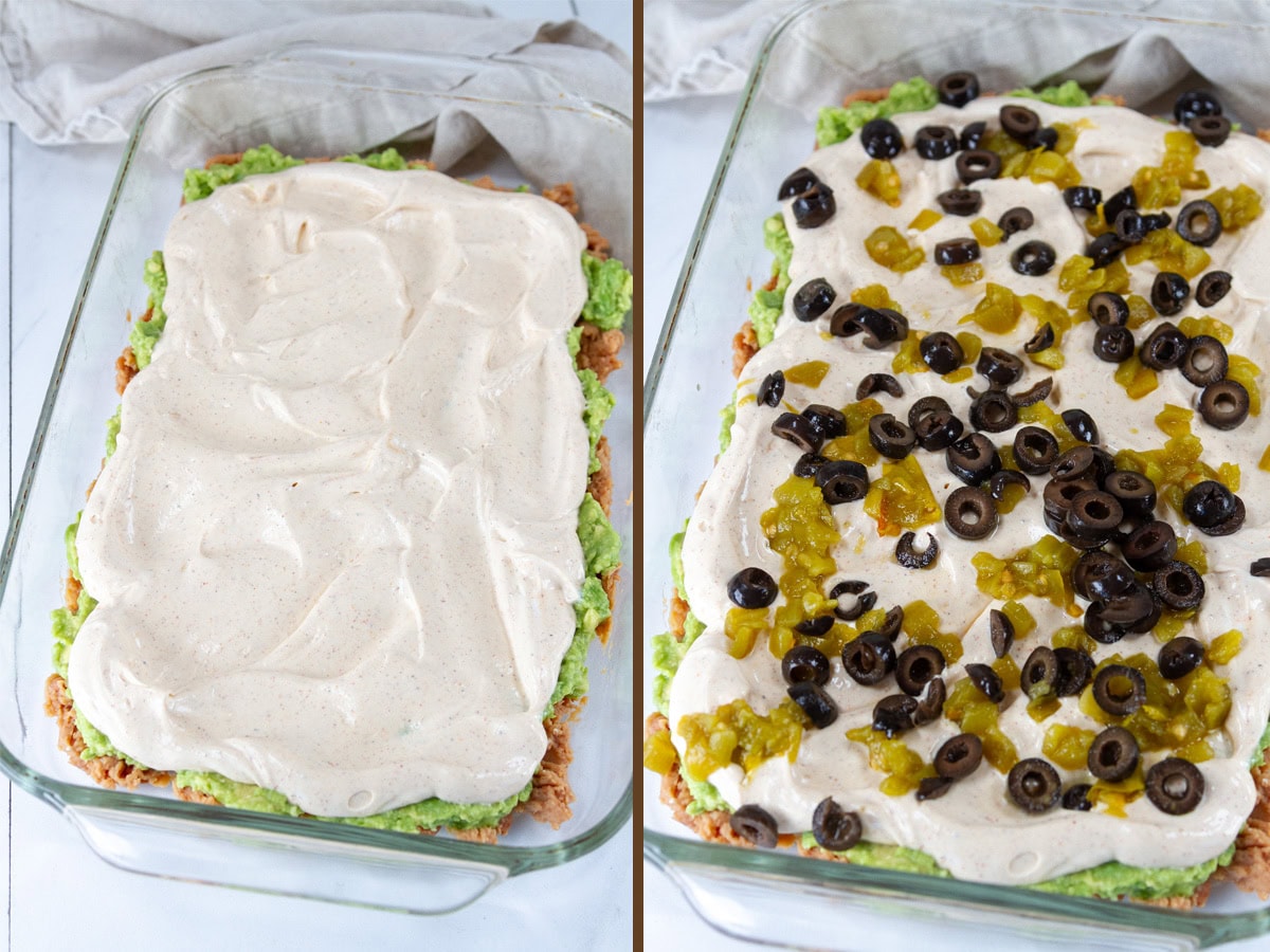 sour cream layer on left and with chiles and olives on right.