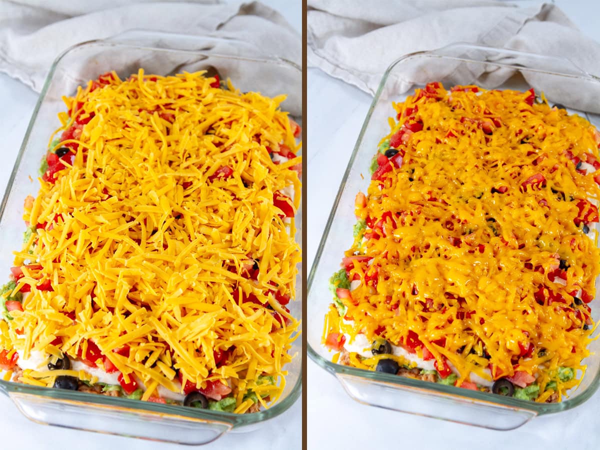 tomatoes and cheese have been added on left and melted under broiler on right.