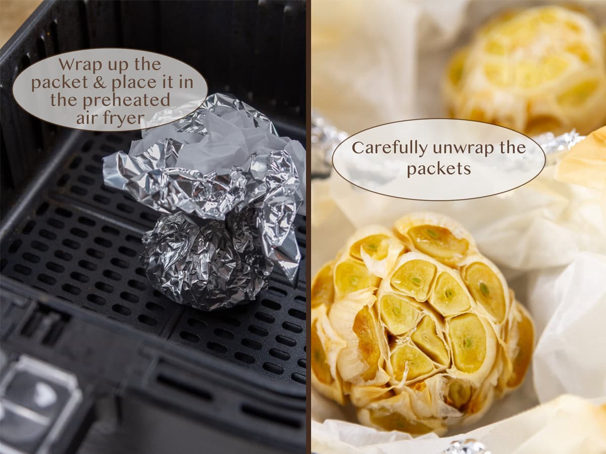 foil packet in an air fryer on left and cooked garlic on right.