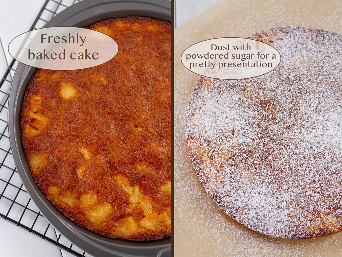 baked cake fresh out of the oven on left and dusted with powdered sugar on right.
