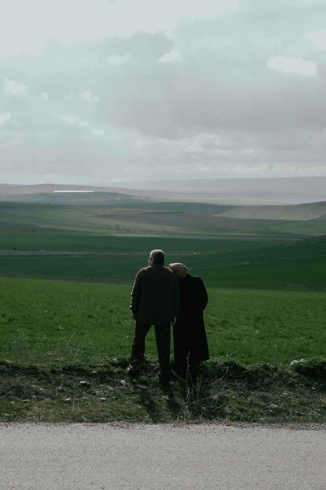 Elderly couple standing together in a foggy valley, enjoying the vast green landscape view.