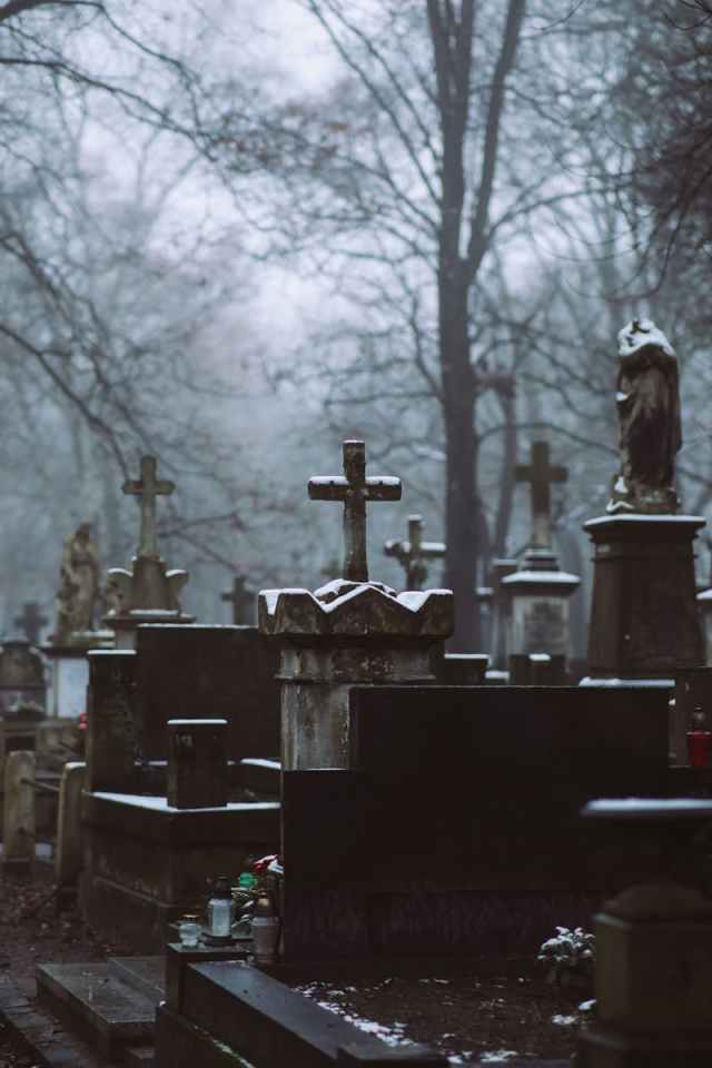 Mysterious winter cemetery scene with crosses and tombstones surrounded by bare trees.