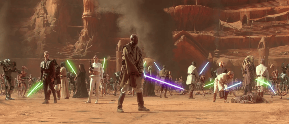 Jedi and droids fighting in the Battle of Geonosis from Star Wars Attack of the Clones, concept image for LEGO Star Wars set.