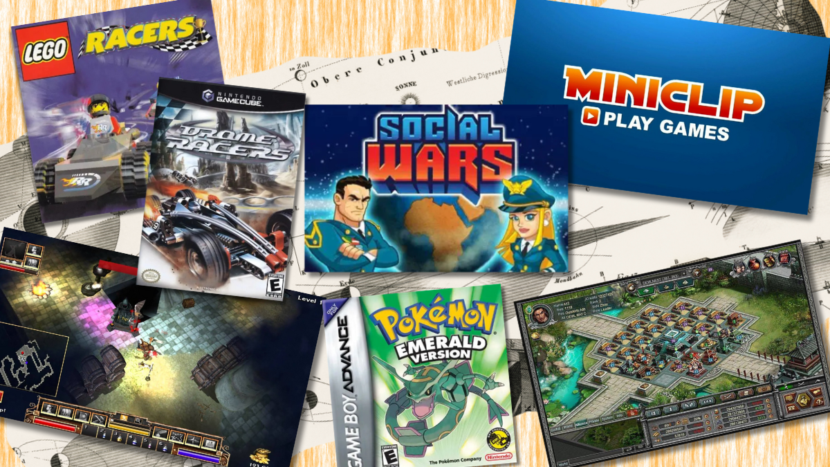 A tilted collage of nostalgic games from the 2000s, including LEGO Racers, Pokémon Emerald, Fate, Evony, and Social Empires — a nostalgic look back at early PC and Facebook gaming