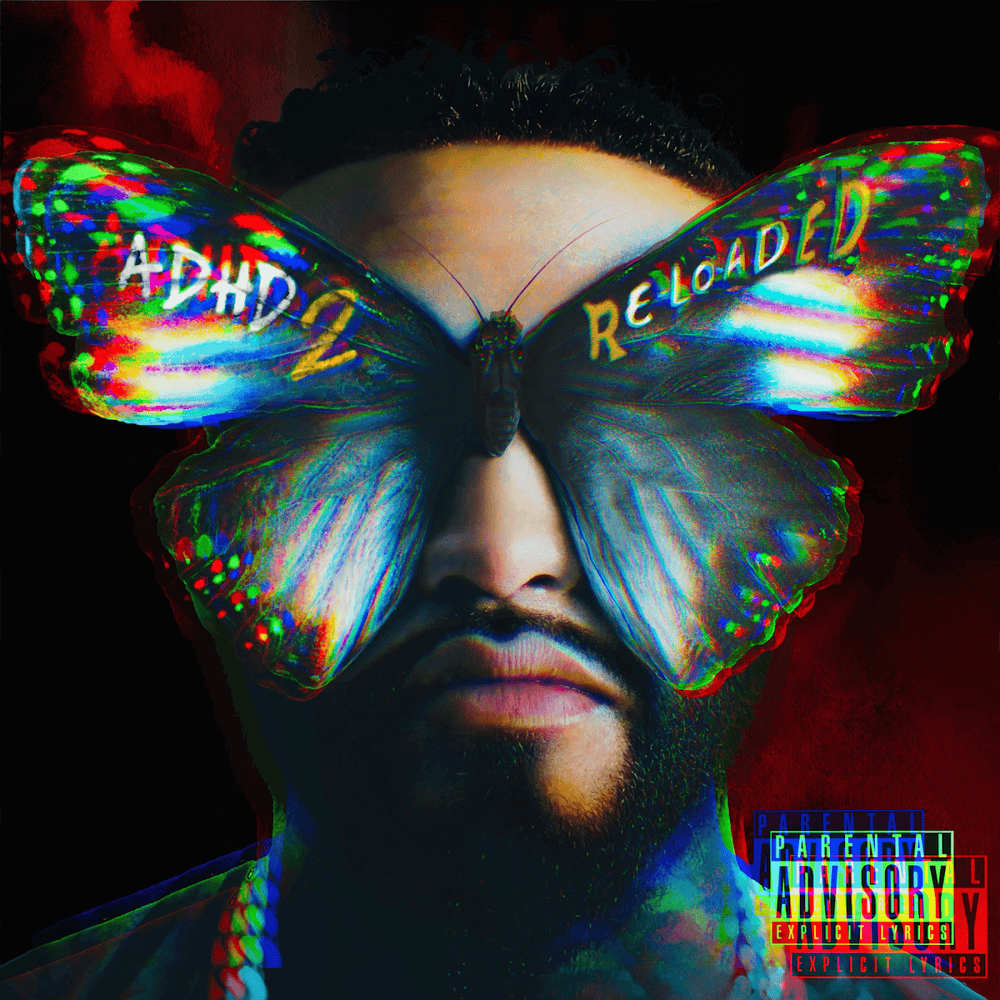 Album artwork for ADHD 2: Reloaded, featuring a stylised butterfly motif over a human face with glitch effects and bold colour contrasts
