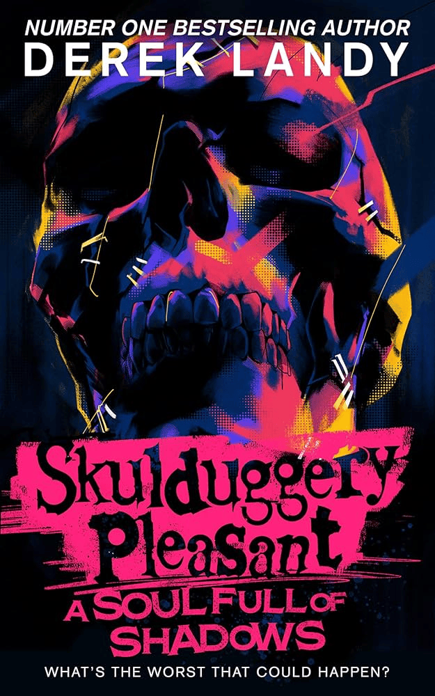 Book cover artwork for Skulduggery Pleasant: A Soul Full of Shadows, featuring a colourful skull illustration against a dark background