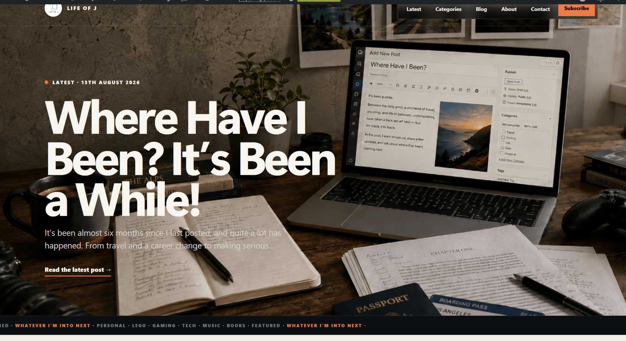 Life of J custom WordPress theme showing the article, Blog and Explore page designs