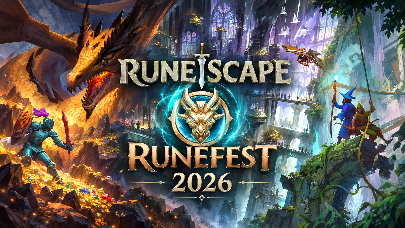 RuneFest 2026 announcements featured artwork with the RuneScape and RuneFest logos, a dragon battle, magical city and fantasy adventurers.