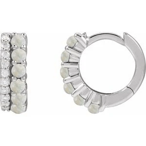 14K White Natural White Opal & 1/8 CTW Natural Diamond Huggie Hoop Earrings
