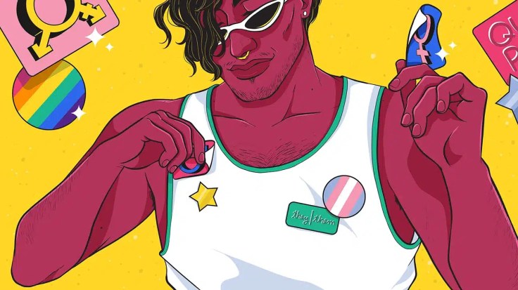 Illustration of a person with a number of different LGBT+ symbols