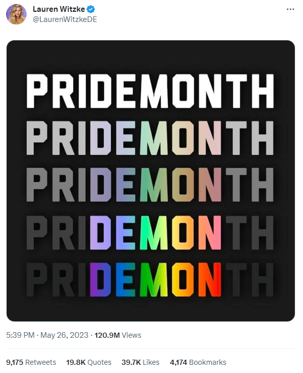 A tweet from Lauren Witzke on May 26 of an image where the word Pride Month is morphs to Demon