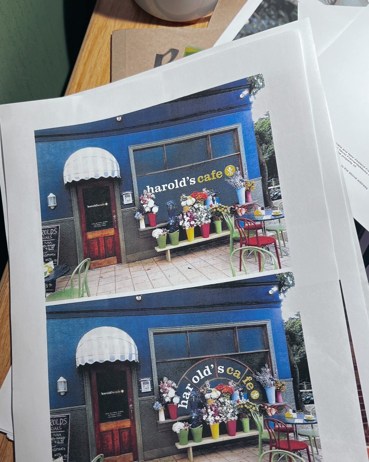 Mock up designs for Harold's Cafe frontage from the Neighbours TV show, showing different layouts for the logo