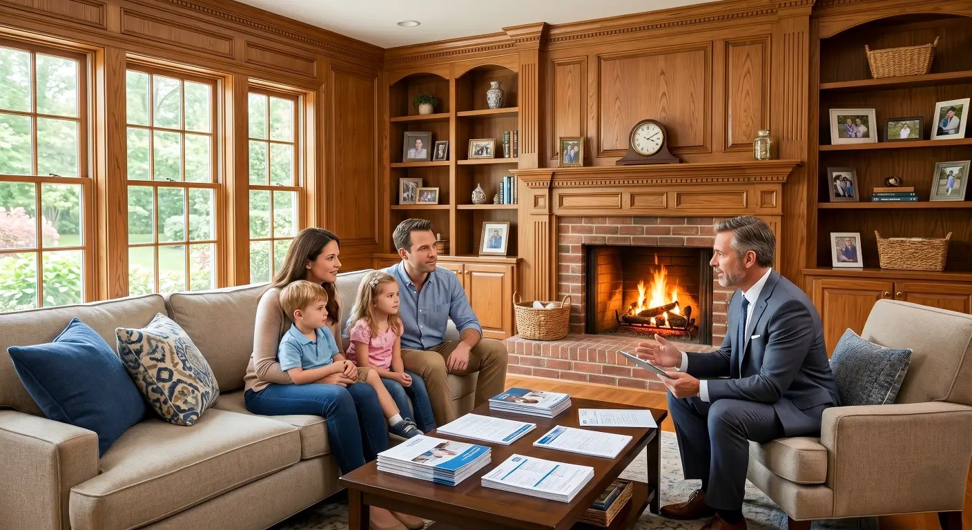 Insurance professional discussing family protection with parents at home