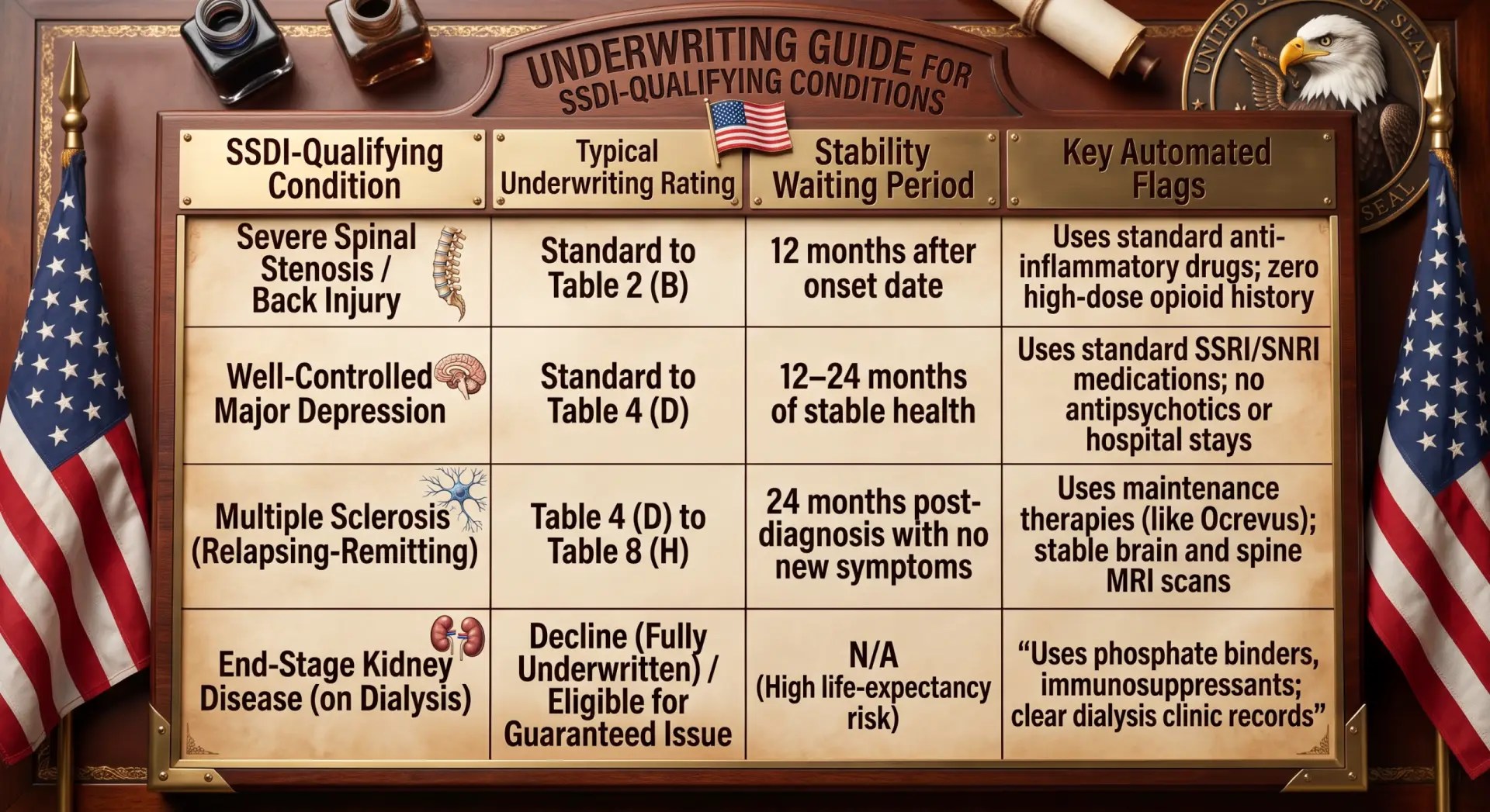 A chart details SSDI-qualifying conditions, typical underwriting ratings, stability periods, and key automated flags for insurance. Includes decorative patriotic elements like flags and eagles.