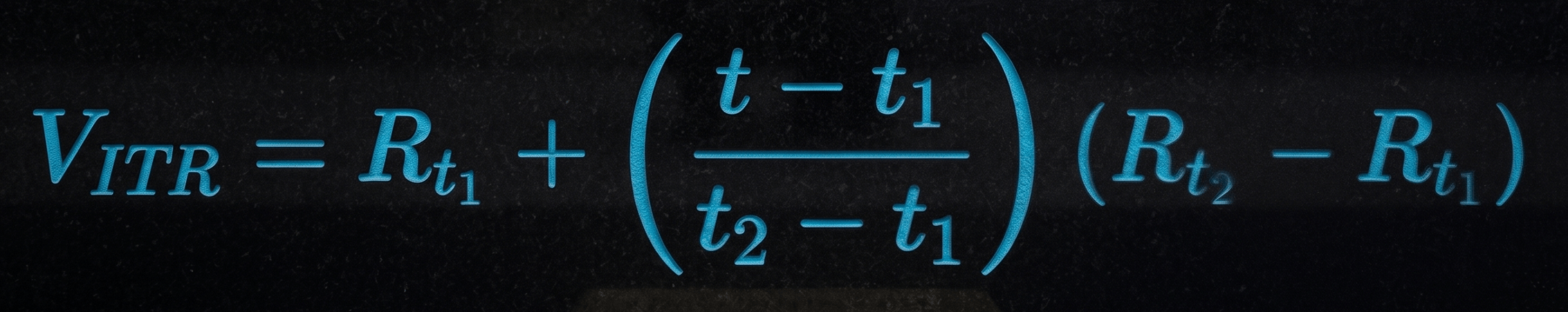 Equation for interpolation: V_{TTR} = R_{t1} + ((t - t_{1}) / (t_{2} - t_{1})) * (R_{t2} - R_{t1}), written in blue text on a black background.