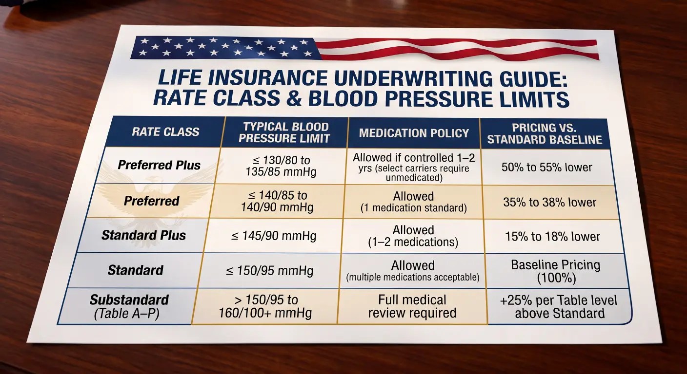 A chart titled Life Insurance Underwriting Guide: Rate Class & Blood Pressure Limits compares blood pressure limits and pricing for five insurance rate classes on a wooden desk.