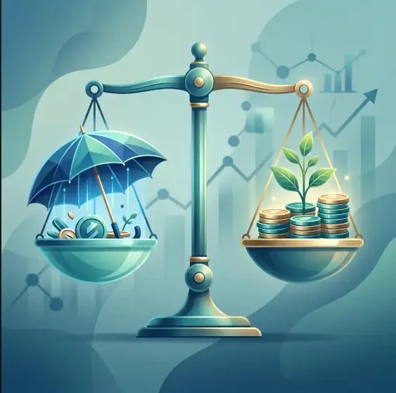 Illustration of a balance scale with an umbrella on one side and coins and a plant on the other