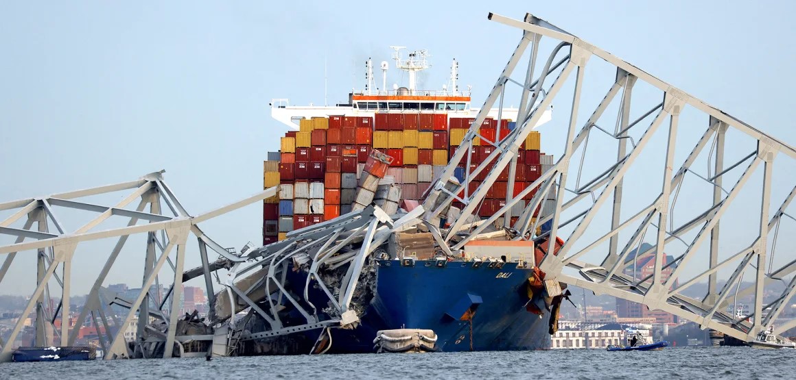 A view of the Dali cargo vessel that crashed into the Francis Scott Key Bridge in Baltimore, Maryland
