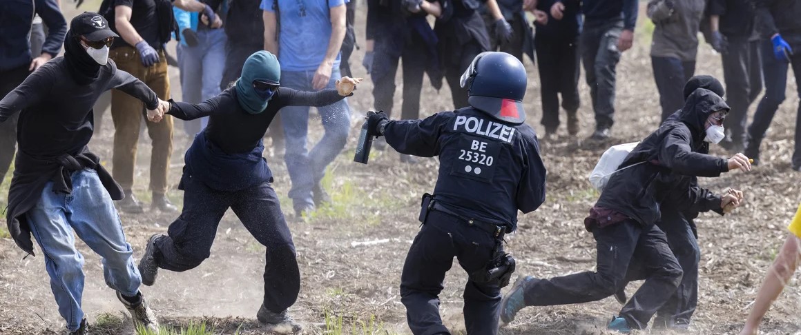 Protesters near Tesla's factory in Germany