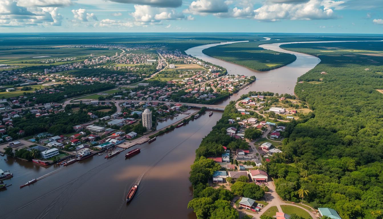 Aerial view of Iquitos with the Amazon River and surrounding rainforest